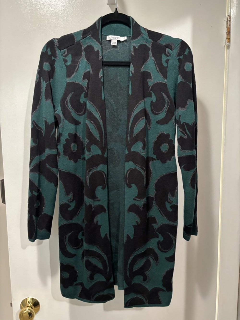 Chico's Teal and Black Open-Front Floral Jacquard Cardigan Size 0